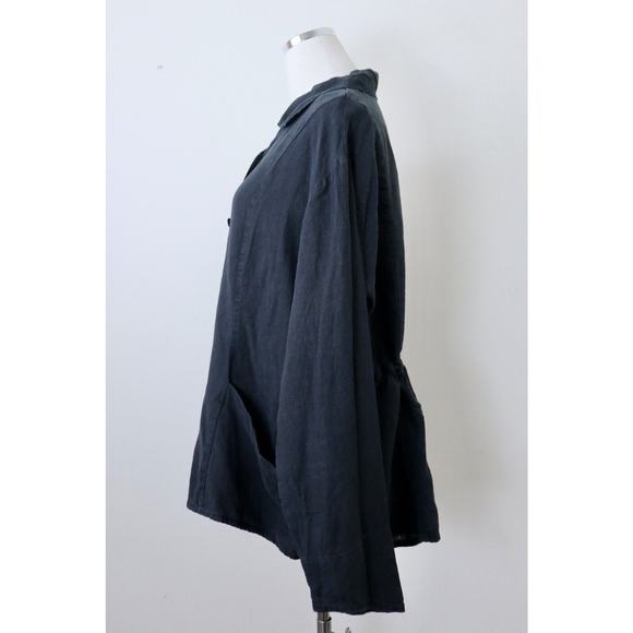 Flax Size L Woven Linen Collared Jacket Button Front High Low Hem Black - Picture 7 of 12